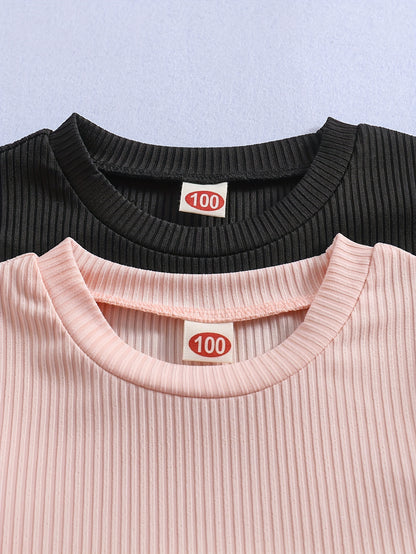 2 Sets Girl's Ribbed Outfit, Peplum Top & Pants Set, Casual Toddler Kid's Clothes For Spring Fall