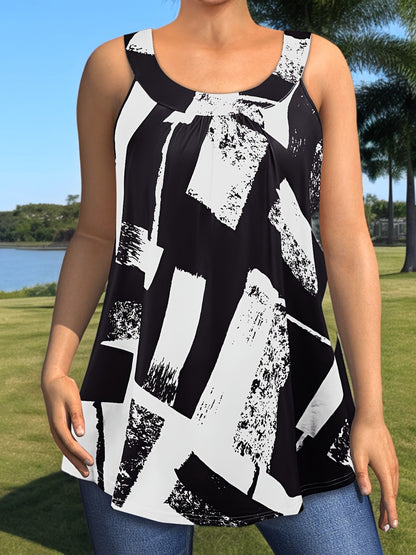 Plus Size Round Neck Colorblock Curved Hem Casual Tank Top