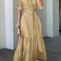 Stunning Ruffled Maxi Dress - Solid Button Front, Belted Waist, Elegant Ruched Sleeve, Flowy Design, Women's Clothing for Special Occasions
