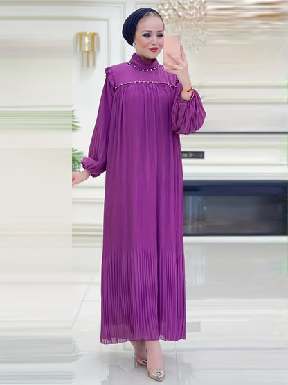 Elegant Pleated Maxi Dress for Women - Solid Color, Belted Waist, Long Sleeve, Machine Washable - Perfect for Ramadan & Casual Attire