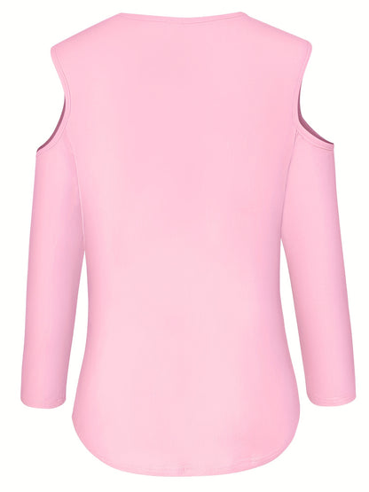 Solid Ring Detail Crew Neck T-Shirt, Casual Cold Shoulder Long Sleeve Top For Spring & Fall, Women's Clothing