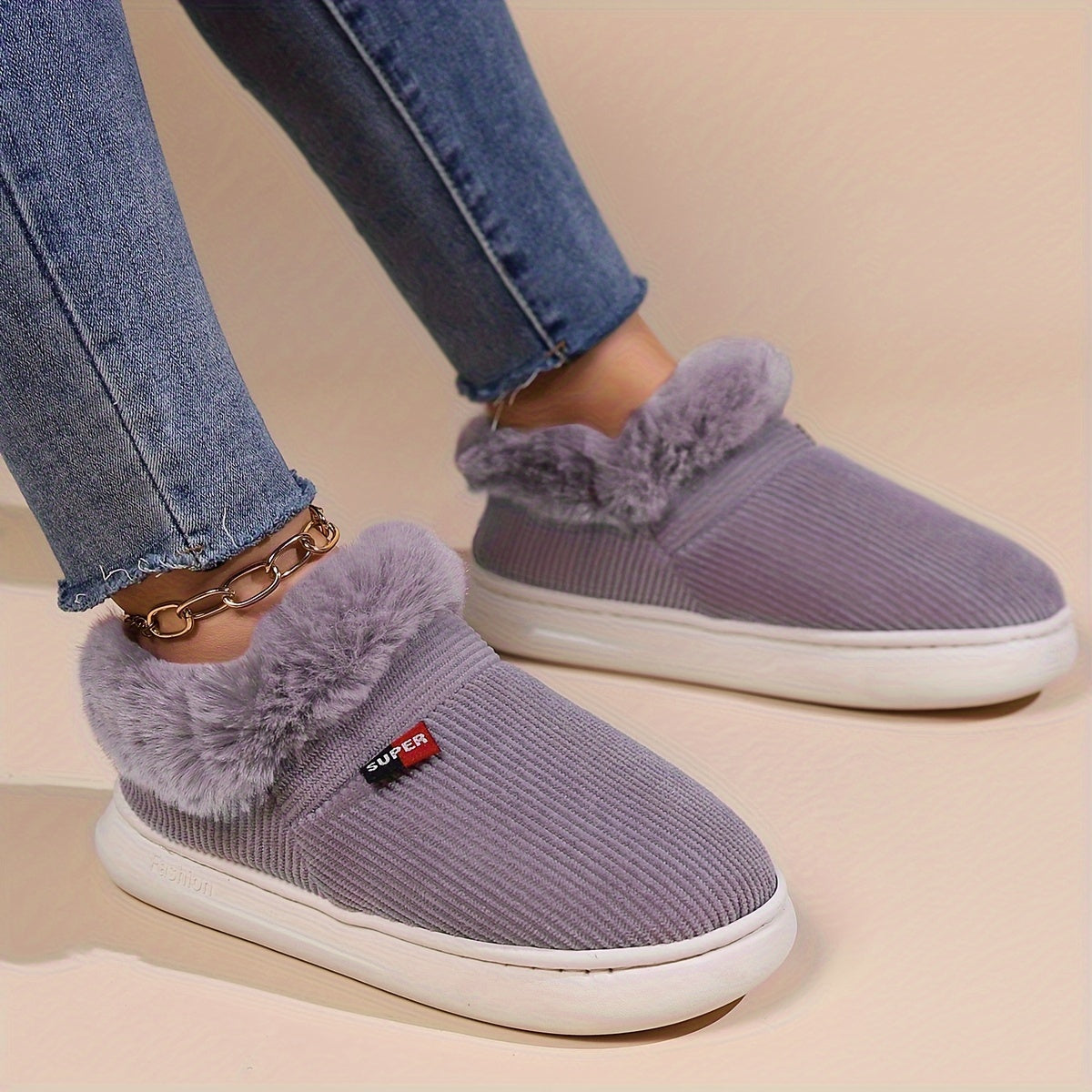 Ultra Soft Cozy Fuzzy House Slippers - Winter Warm Plush Lined Shoes for Men and Women - Cozy Corduroy Slip On Slippers with Fleece Lining for Cold Weather