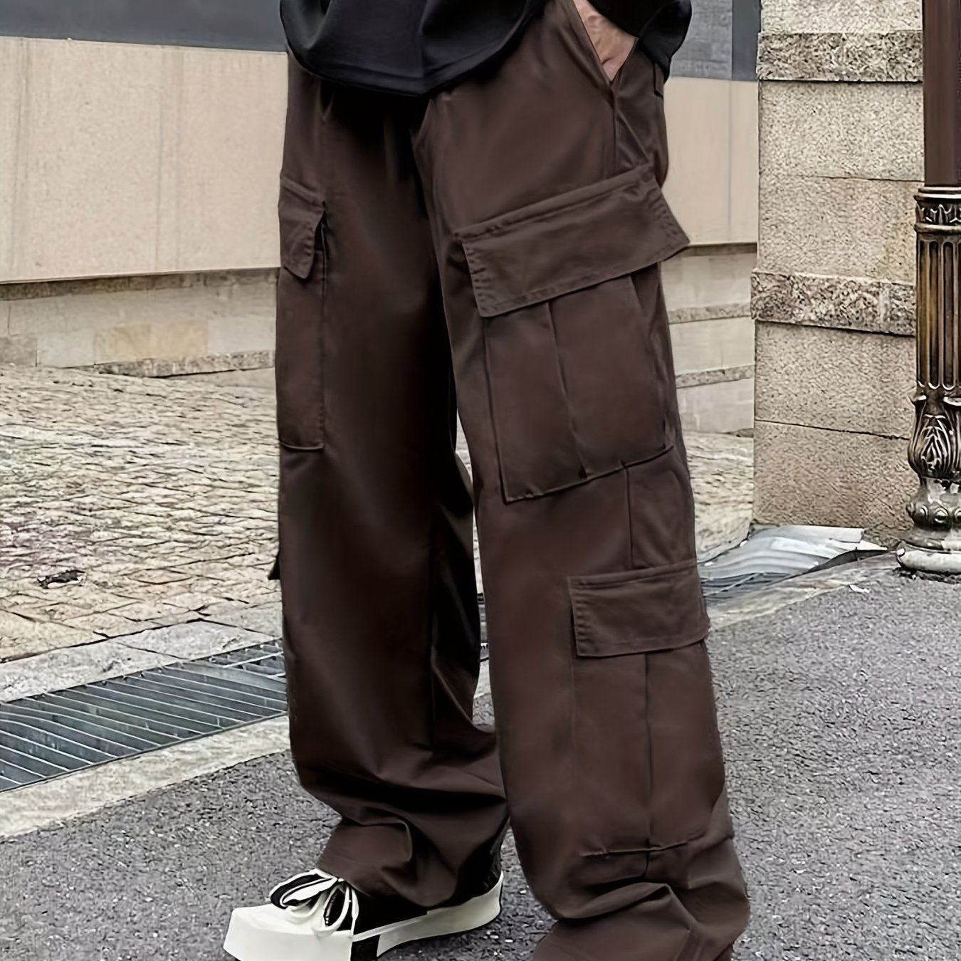 Men's Loose Casual Outdoor Cargo Pants - Multi Flap Pocket Trousers - Trendy Solid Work Pants for Streetwear Hip Hop Style