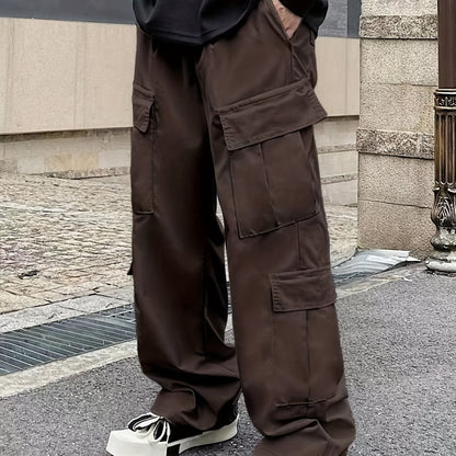 Men's Loose Casual Outdoor Cargo Pants - Multi Flap Pocket Trousers - Trendy Solid Work Pants for Streetwear Hip Hop Style