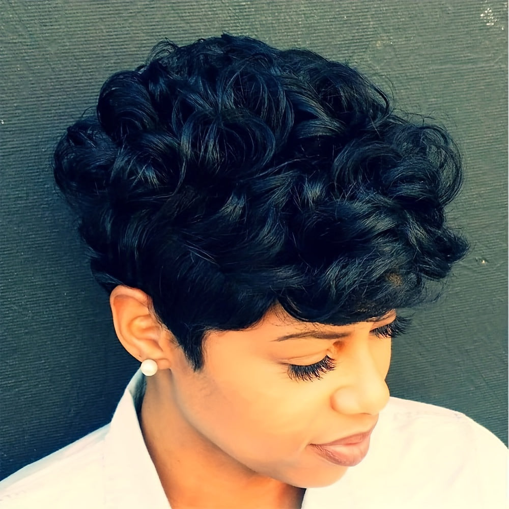 Flattering Short Curly Pixie Wig with Versatile Bangs - Lustrous Synthetic Hair, Easy for Beginners, Heat Resistant and Durable