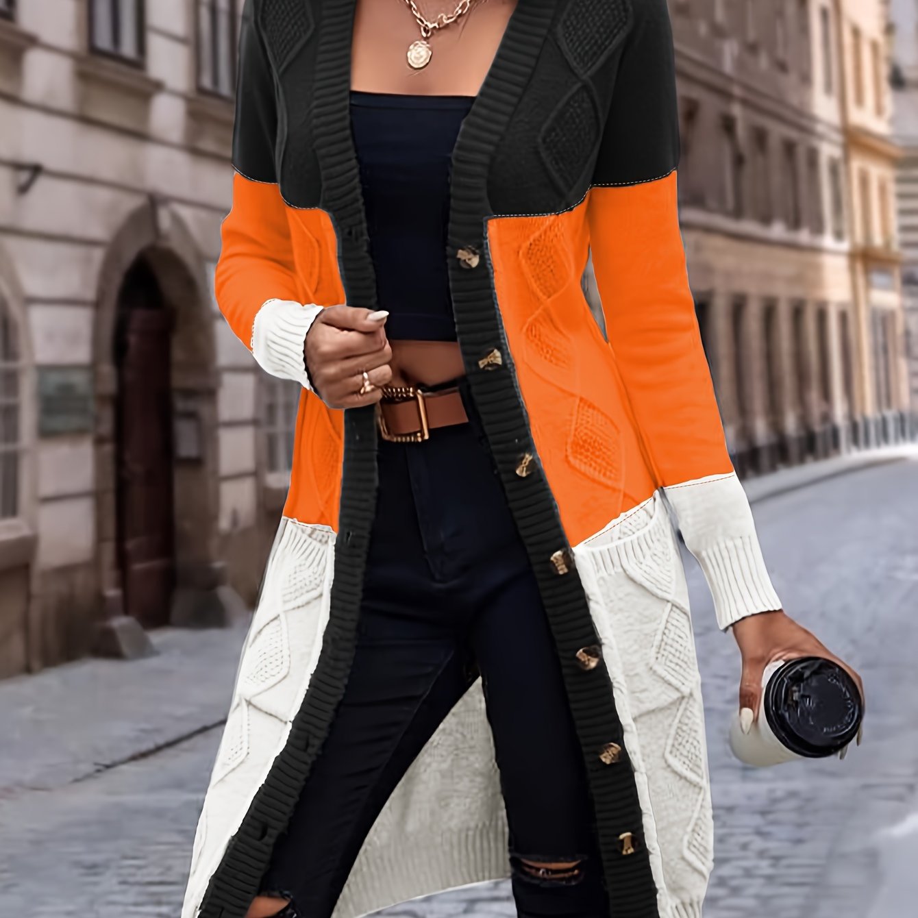 Womens Color Block Cardigan Sweater - Soft Knit, Button Up, Long Sleeve with Pockets - Stylish Casual Wear for Everyday