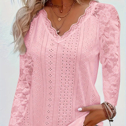 Chic Contrast Lace V-neck Eyelet T-Shirt - Fashionable Long Sleeves for Spring & Fall - A Stylish Womens Wardrobe Essential
