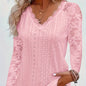 Chic Contrast Lace V-neck Eyelet T-Shirt - Fashionable Long Sleeves for Spring & Fall - A Stylish Womens Wardrobe Essential