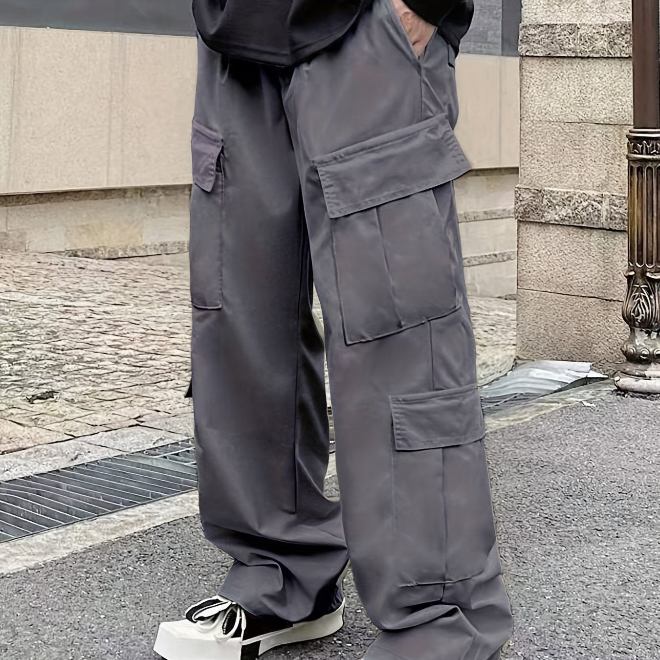 Men's Loose Casual Outdoor Cargo Pants - Multi Flap Pocket Trousers - Trendy Solid Work Pants for Streetwear Hip Hop Style