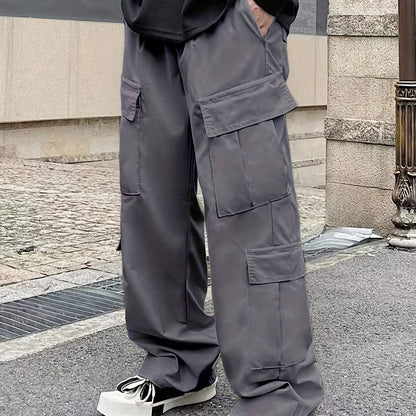 Men's Loose Casual Outdoor Cargo Pants - Multi Flap Pocket Trousers - Trendy Solid Work Pants for Streetwear Hip Hop Style