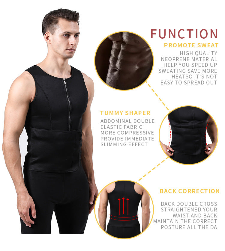 TKPARK Men's Adjustable Compression Tank Top & Waist Trainer - High-Elasticity Workout Shirt with Back Support, Sleeveless Gym Shaper Vest, Zipper Closure & Belt for Fitness Training, Fitness Compression Wear | Sleeveless Tan