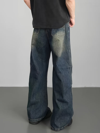 Men's Casual Wide Leg Jeans, Street Style Loose Fit Distressed Denim Pants
