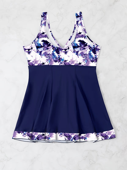 Plus Size Womens Vibrant Floral Print Tie Front V Neck One Piece Swimsuit - High Stretch, Comfortable, Vacation Essential - Polyester Knit Fabric, Random Printing, No Sheer