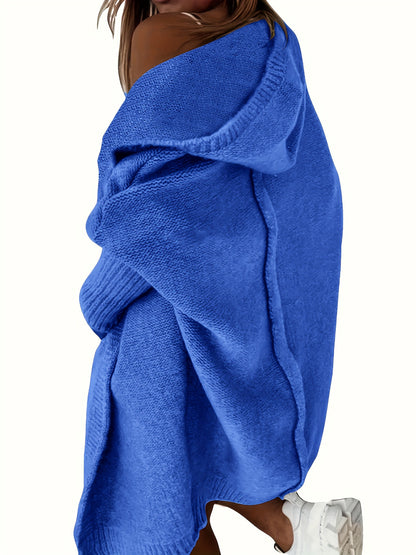 Plus Size Casual Cardigan, Women's Plus Solid Stitching Long Sleeve Hooded Open Front Slight Stretch Sweater Cardigan