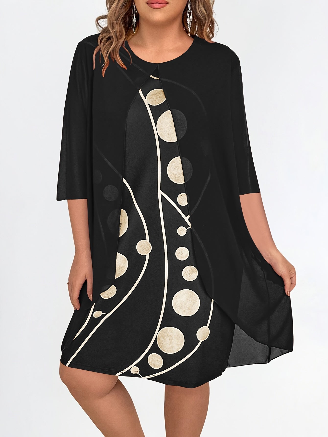 [Elegant Abstract Print Dress] Elegant 3/4 Sleeve Abstract Print Layered Dress - Women's Clothing, Crew Neck