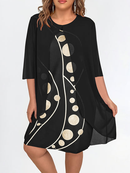 [Elegant Abstract Print Dress] Elegant 3/4 Sleeve Abstract Print Layered Dress - Women's Clothing, Crew Neck