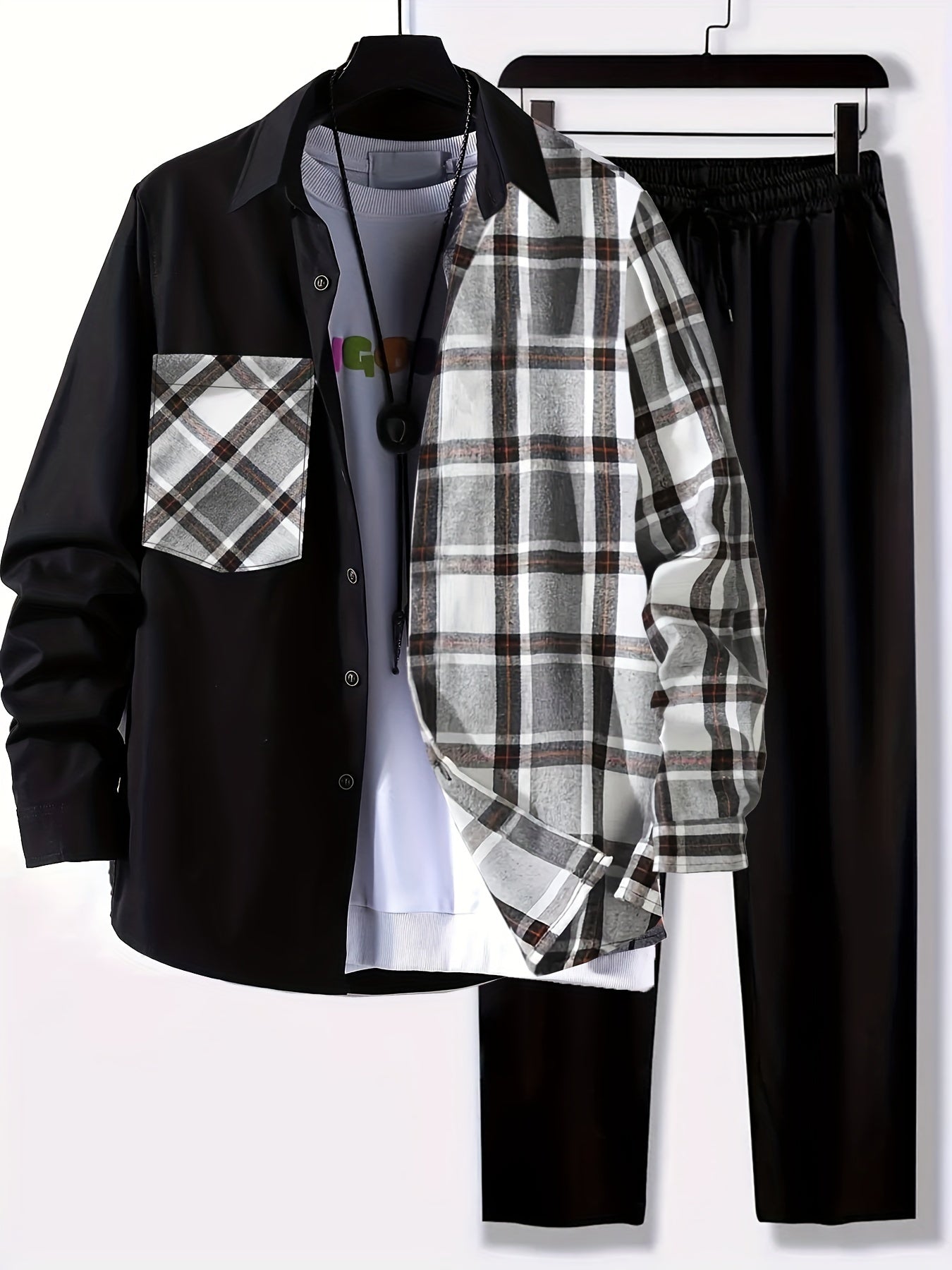 Plus Size Men's Plaid Shirt & Pants Set For Spring/autumn, Oversized Loose Fit 2Pcs Outfits For Workout/outdoor, Men's Clothing