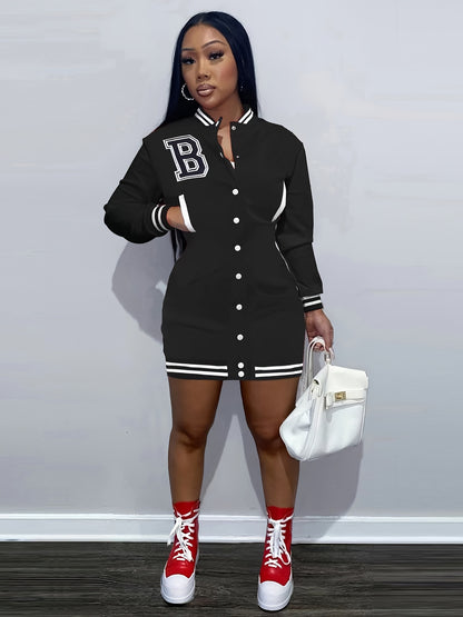 Womens Chic Letter Pattern Mini Dress - Versatile Button Front, Long Sleeve Slim Fit - Stylish Everyday Clothing