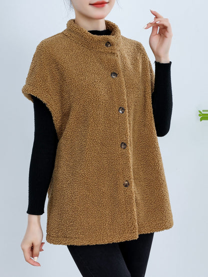 Womens Chic Button Front Teddy Vest - Lightweight Fleece, Short Sleeve, Solid Colors - Perfect for Layering, Stylish & Versatile Wardrobe Staple