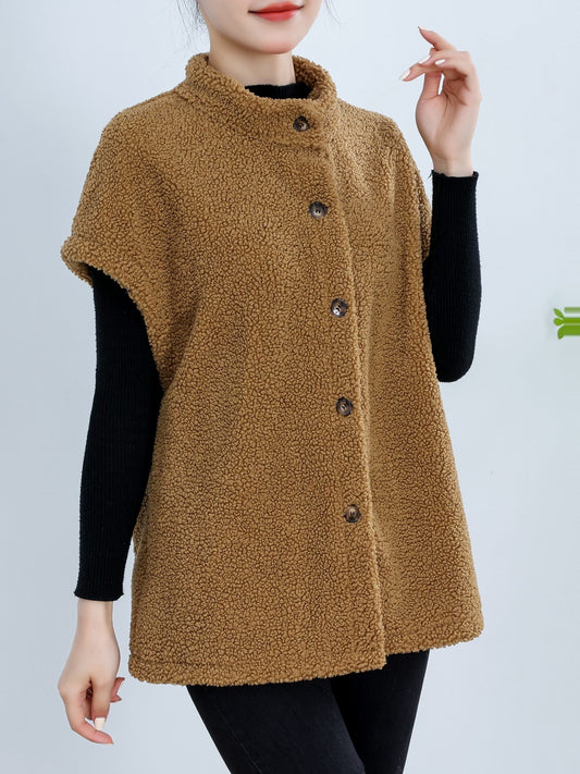 Womens Chic Button Front Teddy Vest - Lightweight Fleece, Short Sleeve, Solid Colors - Perfect for Layering, Stylish & Versatile Wardrobe Staple