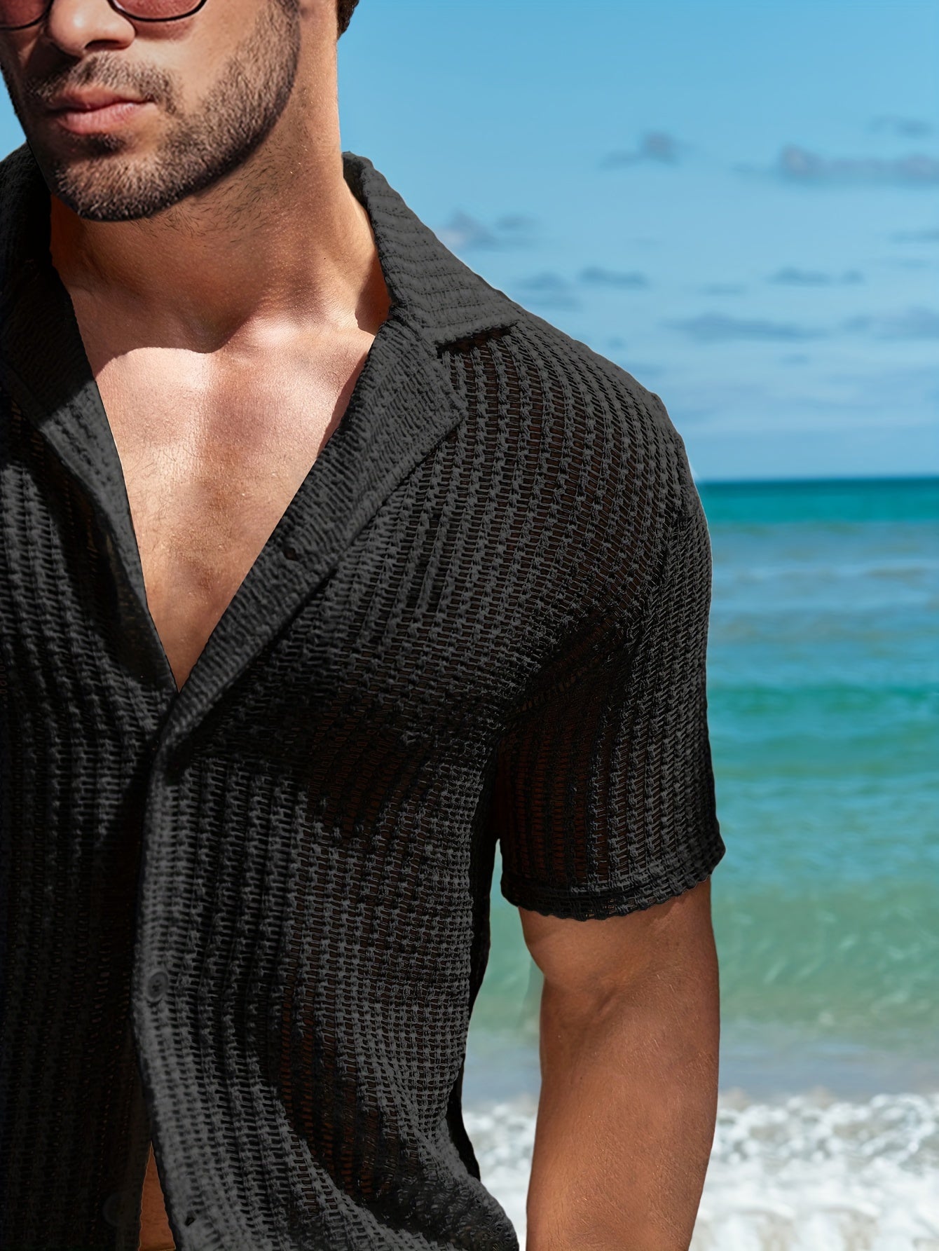 2Pcs Men's Co-ord Set - Breathable Hollow Out Short Sleeve Shirt and Drawstring Shorts for Summer - Daily Leisure, Vacation, Resorts, and Outdoor Activities