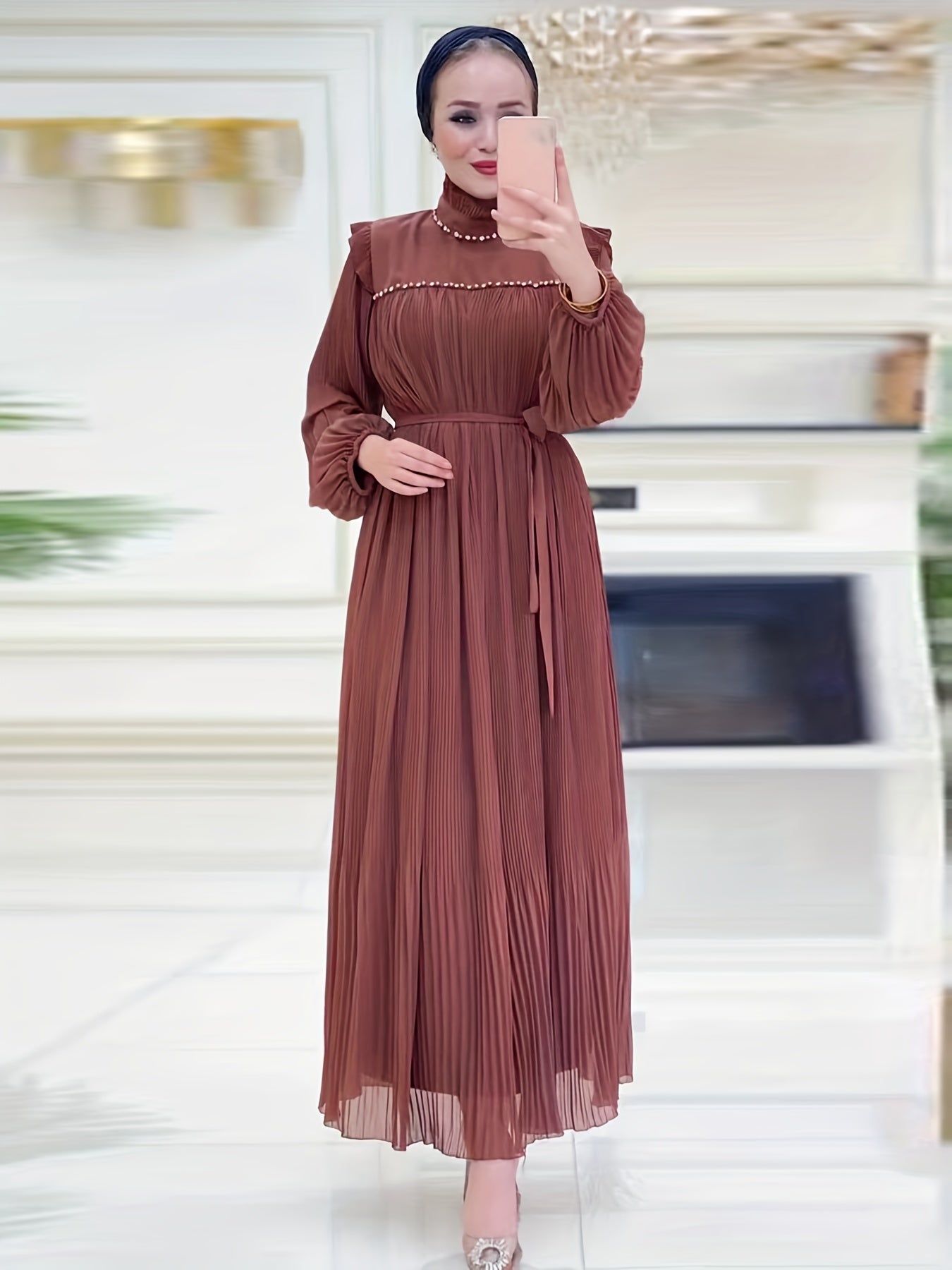 Elegant Pleated Maxi Dress for Women - Solid Color, Belted Waist, Long Sleeve, Machine Washable - Perfect for Ramadan & Casual Attire