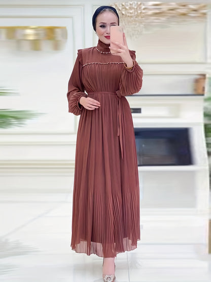 Elegant Pleated Maxi Dress for Women - Solid Color, Belted Waist, Long Sleeve, Machine Washable - Perfect for Ramadan & Casual Attire