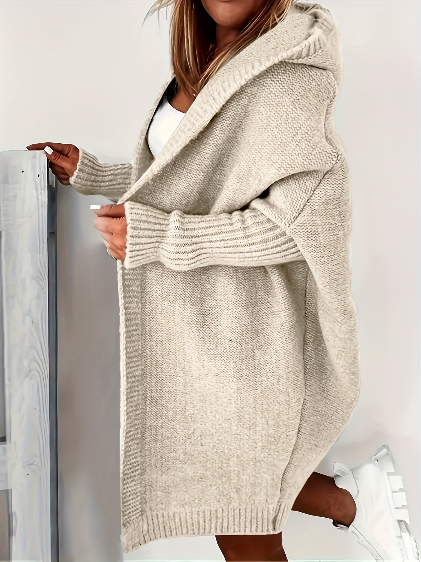 Plus Size Casual Cardigan, Women's Plus Solid Stitching Long Sleeve Hooded Open Front Slight Stretch Sweater Cardigan