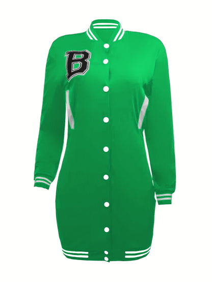 Womens Chic Letter Pattern Mini Dress - Versatile Button Front, Long Sleeve Slim Fit - Stylish Everyday Clothing