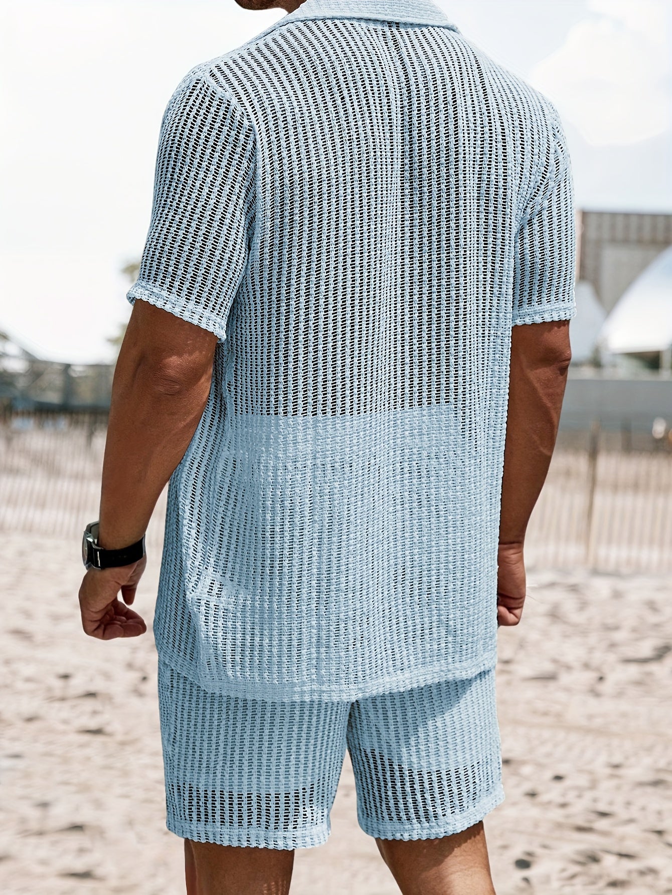 2Pcs Men's Co-ord Set - Breathable Hollow Out Short Sleeve Shirt and Drawstring Shorts for Summer - Daily Leisure, Vacation, Resorts, and Outdoor Activities