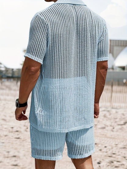 2Pcs Men's Co-ord Set - Breathable Hollow Out Short Sleeve Shirt and Drawstring Shorts for Summer - Daily Leisure, Vacation, Resorts, and Outdoor Activities