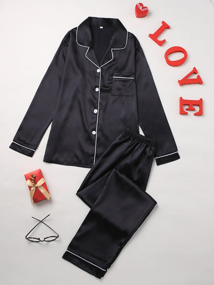 Solid Pajama Set, Long Sleeve Button Up Lapel Top & Pants Pj Set, Women's Sleepwear & Loungewear