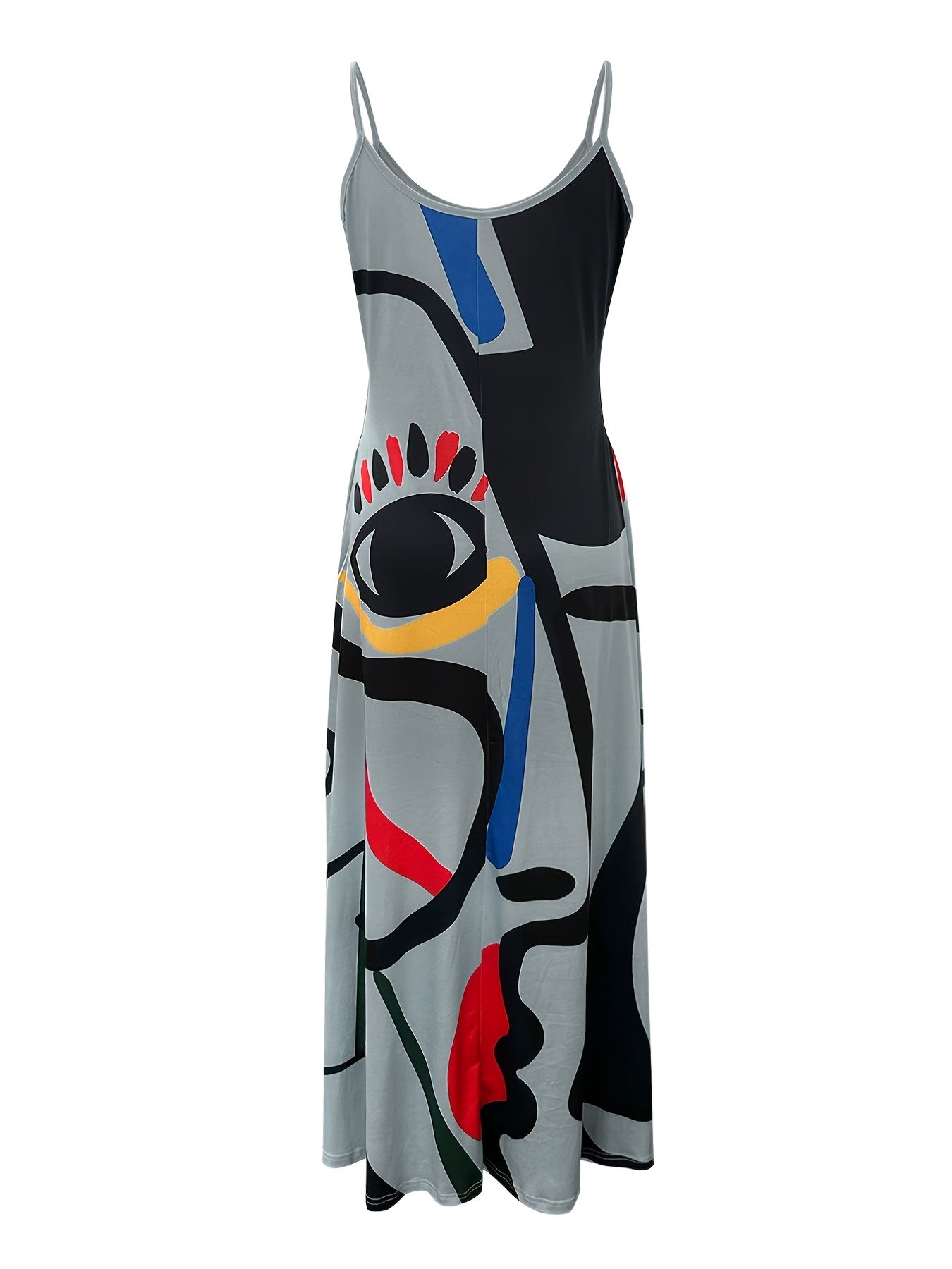 Flowing Maxi Sundress - Vibrant Abstract Art Print - Breezy Spaghetti Straps - Versatile Summer Attire for Women