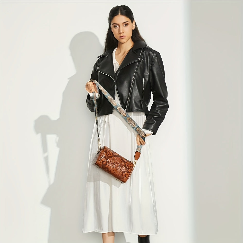 Boho-Chic Floral Embossed Crossbody & Shoulder Bag for Women | Elegant Retro Charm with Secure Zipper Closure, Perfect for Every Occasion