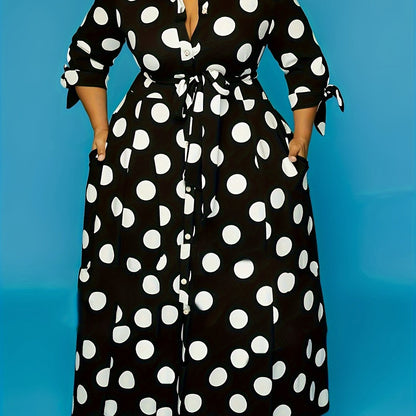 Elegant Plus Size Polka Dots Print Maxi Dress - Women's Button Up Collared Belted