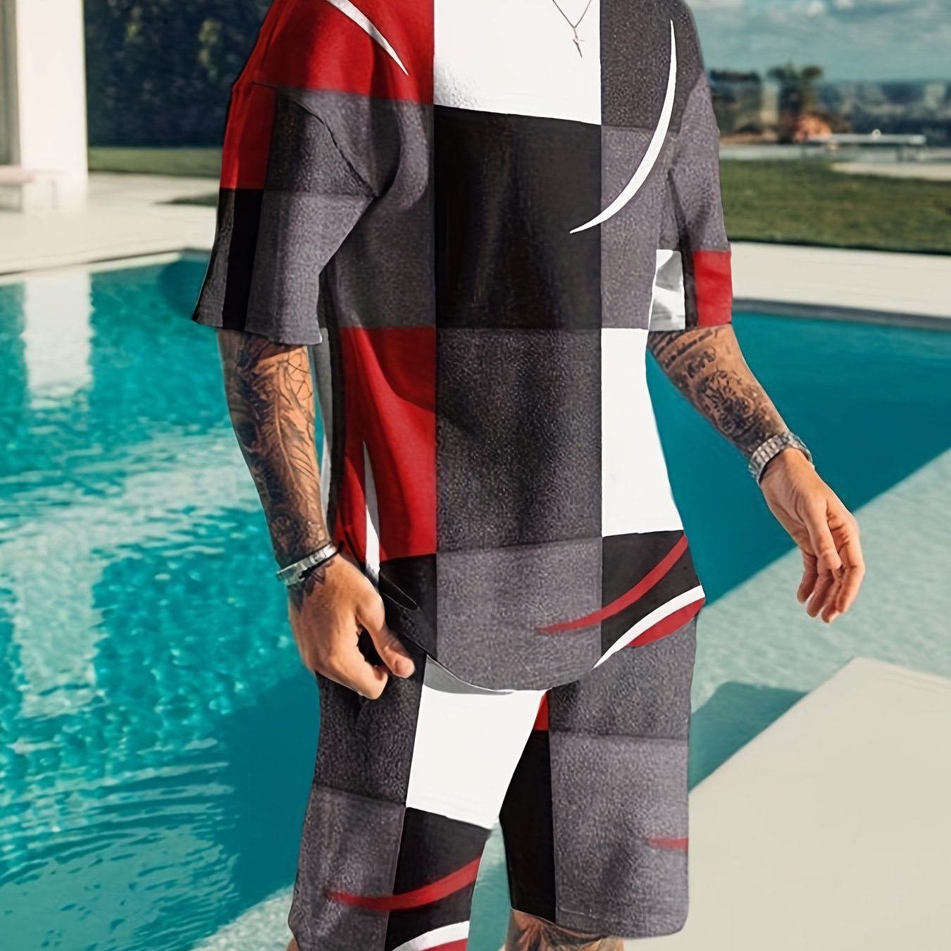 2pcs Sports Set, Men's Comfy Crew Neck Plaid Tee & Active Slightly Stretch Breathable Pants For Outdoor Activities