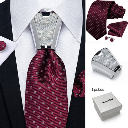 [For Business Silvery Necktie Set] Men's Necktie Silvery Ring & Handkerchief & Cufflinks Set For Business Accessories With Gift Box