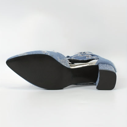 Women's Solid Color Denim Shoes, Point Toe Back Zipper Chunky Heel Casual Shoes, Trendy Daily Comfy Shoes