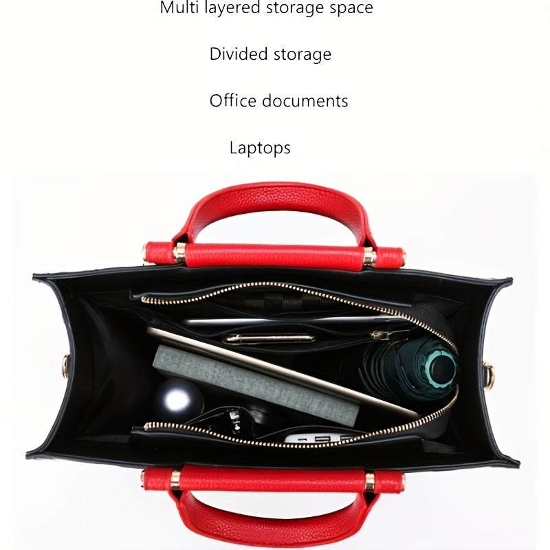 Classic Letter Embossed Tote Bag, Colorblock Shoulder Bag, All-Match Satchel Bag For Work