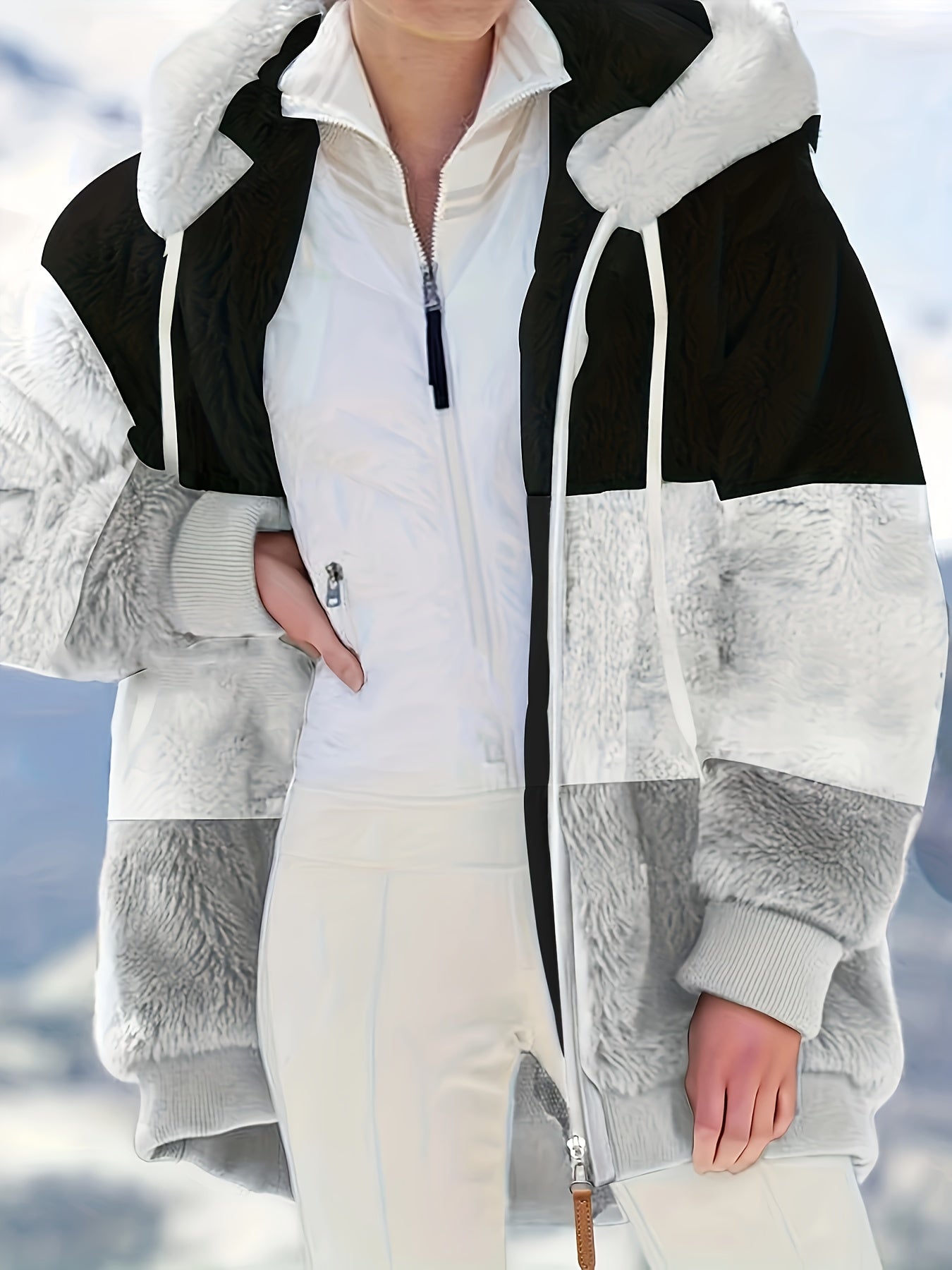 Plus Size Colorblock Fuzzy Hoodie Drawstring Zip Up Coat, Women's Plus Pocket Casual Overcoat