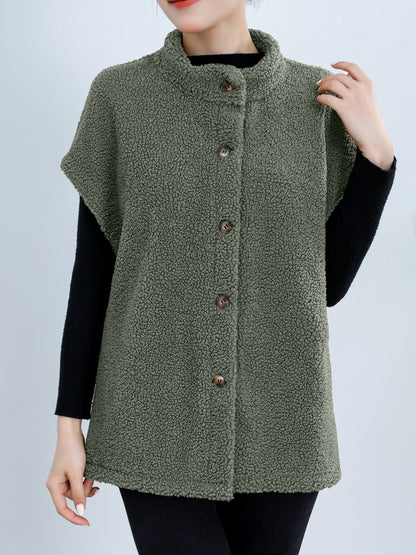 Womens Chic Button Front Teddy Vest - Lightweight Fleece, Short Sleeve, Solid Colors - Perfect for Layering, Stylish & Versatile Wardrobe Staple