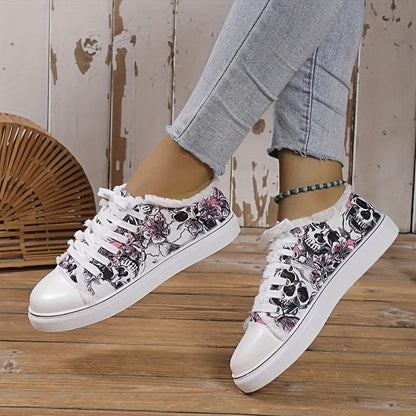 Women's Skull & Flower Pattern Canvas Shoes, Casual Lace Up Outdoor Shoes, Lightweight Low Top Sneakers