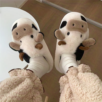 Cozy Cartoon Cow Slippers - Plush Lined Slip-Ons for Winter Warmth and Comfort