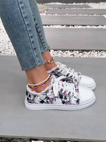 Women's Skull & Flower Pattern Canvas Shoes, Casual Lace Up Outdoor Shoes, Lightweight Low Top Sneakers