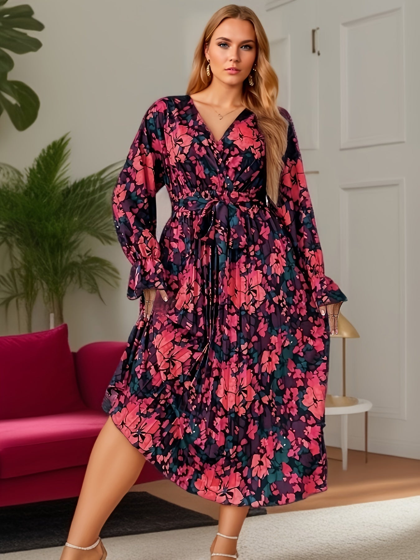 Plus Size Casual Dress, Women's Plus Floral Print Lantern Sleeve Surplice Neck Slight Stretch Midi Dress With Belt