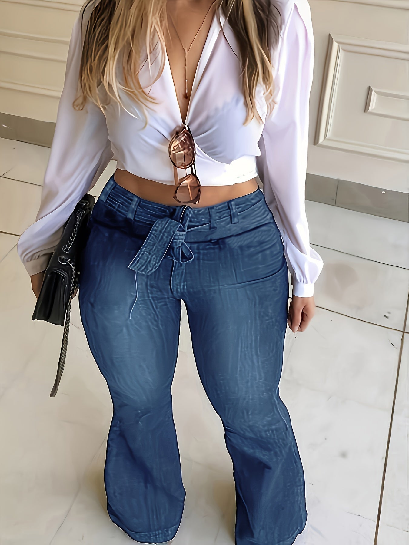 Plus Size Womens High Rise Flared Leg Jeans - Soft Medium Stretch Denim, Solid Color, Washed, Machine Washable, All-Season Comfortable Casual Wear with Belt