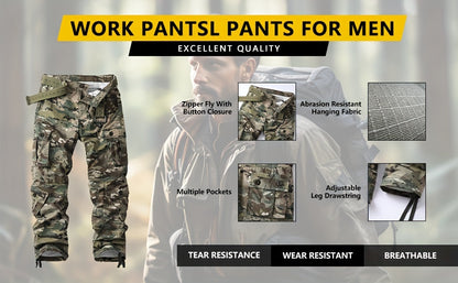 Mens Cotton Blend Camo Cargo Pants - Stylish Flap Pockets, Loose Fit, Ideal for Outdoor Hiking, Fishing & Angling, Comfortable Casual Wear