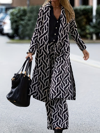 2pcs Women's Elegant V-Neck Suit - Geometric Pattern, Smooth 120g/m² Polyester Fabric - Casual Essentials | Machine Wash, No Dry Clean | Side Stripe Details