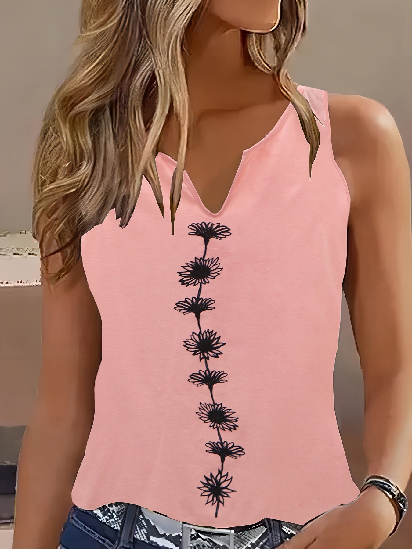 Chic Summertime Floral Tank Top – Breezy Sleeveless Notch Neck Design – Versatile Womens Fashion