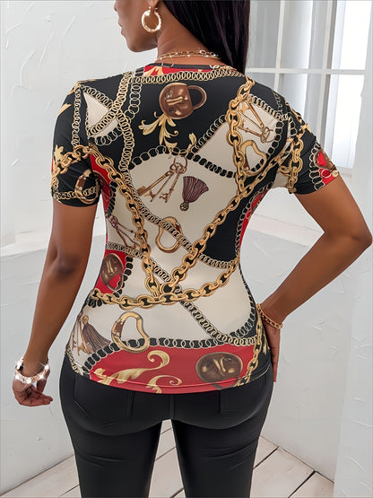 Chain Print Surplice Neck T-Shirt, Casual Short Sleeve Skinny Top For Spring & Summer, Women's Clothing